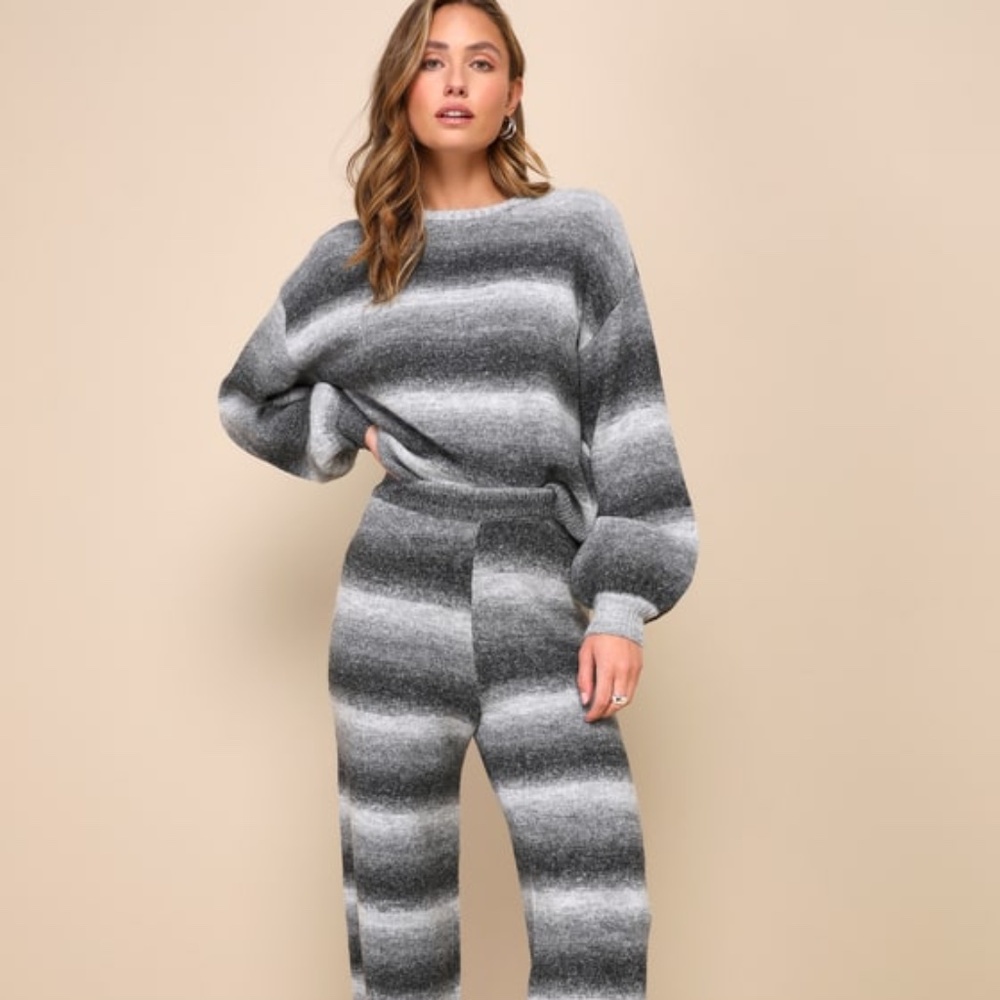 Lulus Weekend At Home Charcoal Grey Ombre Striped Pullover Sweater - Size M